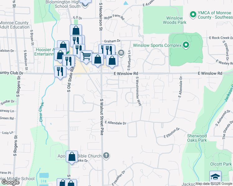 map of restaurants, bars, coffee shops, grocery stores, and more near 752 East Sherwood Hills Drive in Bloomington