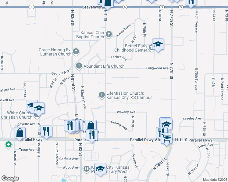 map of restaurants, bars, coffee shops, grocery stores, and more near 8027 Cleveland Avenue in Kansas City