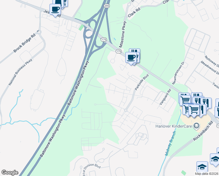 map of restaurants, bars, coffee shops, grocery stores, and more near South Gladden Farm Way in Anne Arundel County