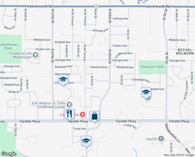 map of restaurants, bars, coffee shops, grocery stores, and more near 6344 Cleveland Avenue in Kansas City