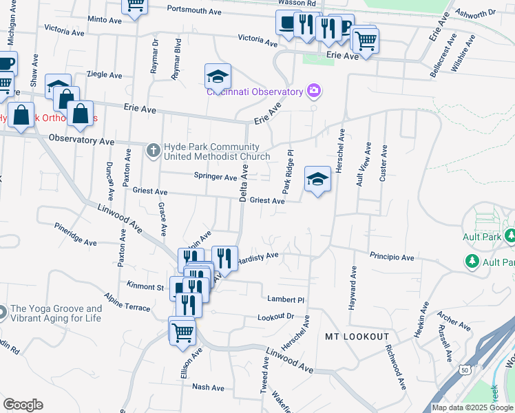 map of restaurants, bars, coffee shops, grocery stores, and more near 1243 Isis Avenue in Cincinnati