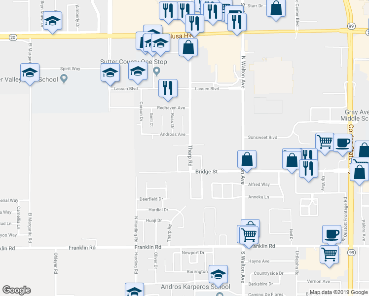 map of restaurants, bars, coffee shops, grocery stores, and more near 1628 Emmett Way in Yuba City