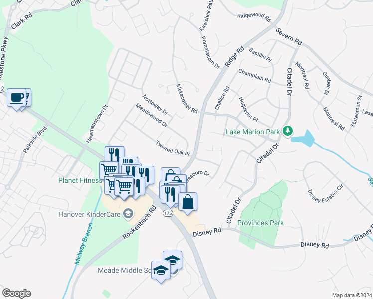 map of restaurants, bars, coffee shops, grocery stores, and more near 8327 Meadowood Drive in Hanover