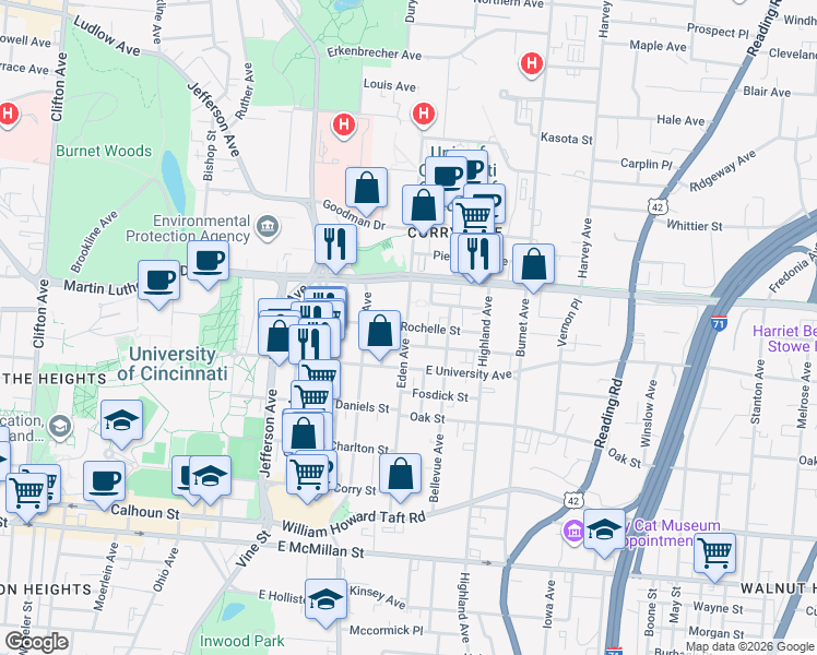 map of restaurants, bars, coffee shops, grocery stores, and more near 201 East Rochelle Street in Cincinnati