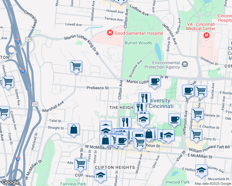 map of restaurants, bars, coffee shops, grocery stores, and more near 2825 Clifton Avenue in Cincinnati