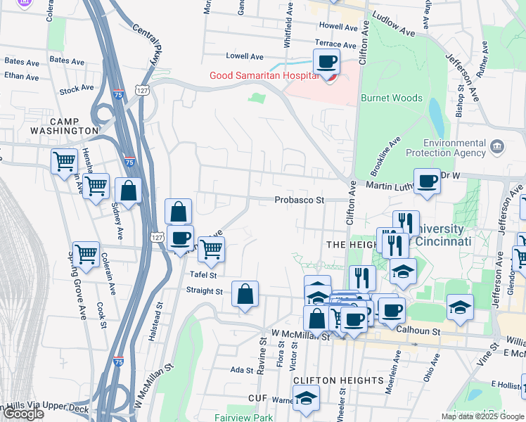 map of restaurants, bars, coffee shops, grocery stores, and more near 135 Probasco Street in Cincinnati