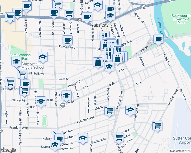map of restaurants, bars, coffee shops, grocery stores, and more near 541 Linden Street in Yuba City