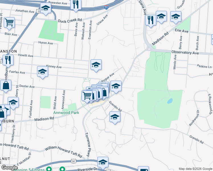 map of restaurants, bars, coffee shops, grocery stores, and more near 3023 Lavinia Avenue in Cincinnati