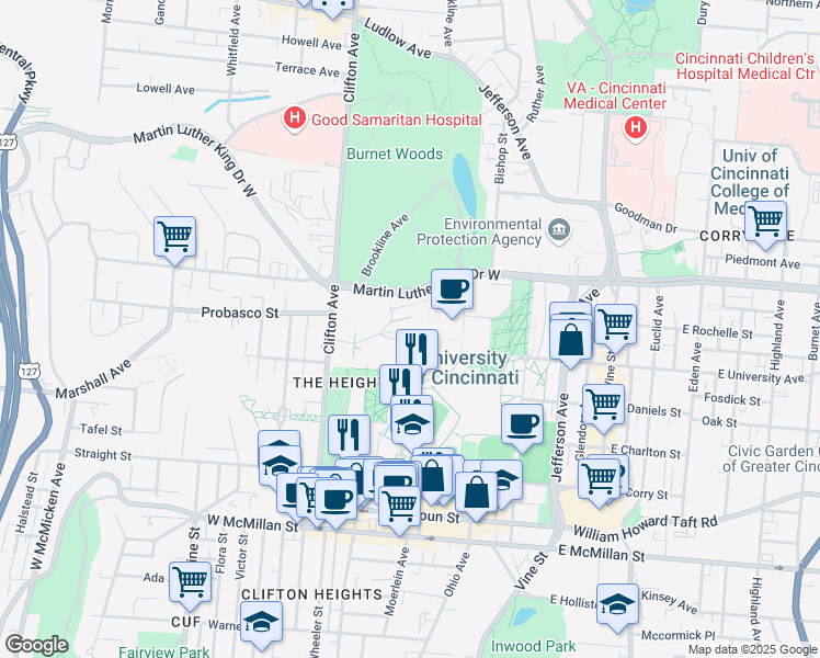 map of restaurants, bars, coffee shops, grocery stores, and more near 318 College Drive in Cincinnati