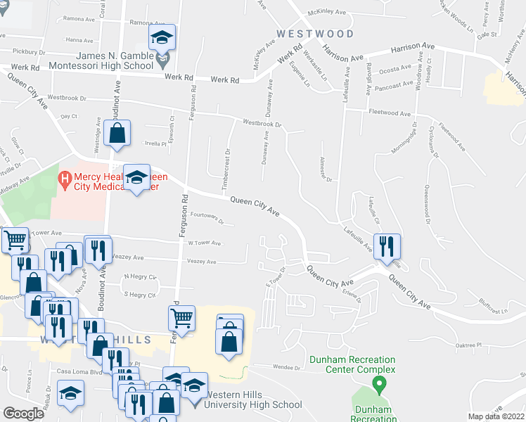 map of restaurants, bars, coffee shops, grocery stores, and more near 2793 Queen City Avenue in Cincinnati