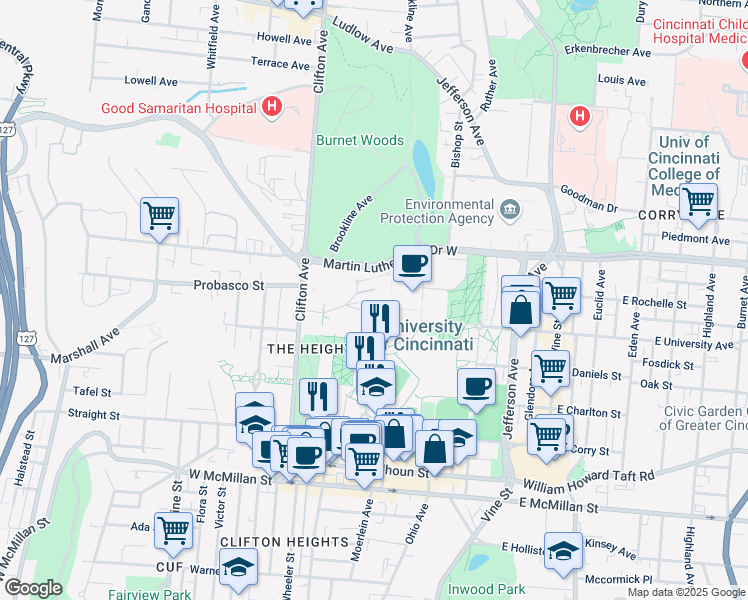 map of restaurants, bars, coffee shops, grocery stores, and more near 318 College Drive in Cincinnati