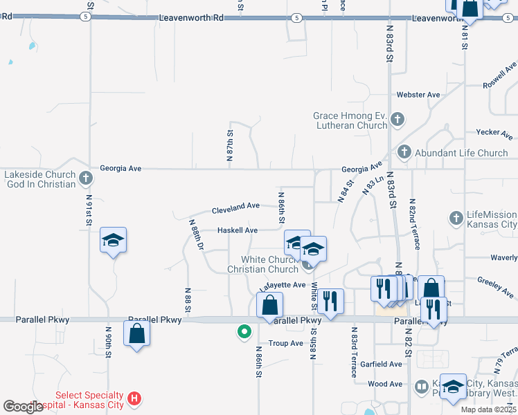 map of restaurants, bars, coffee shops, grocery stores, and more near 8616 Haskell Avenue in Kansas City