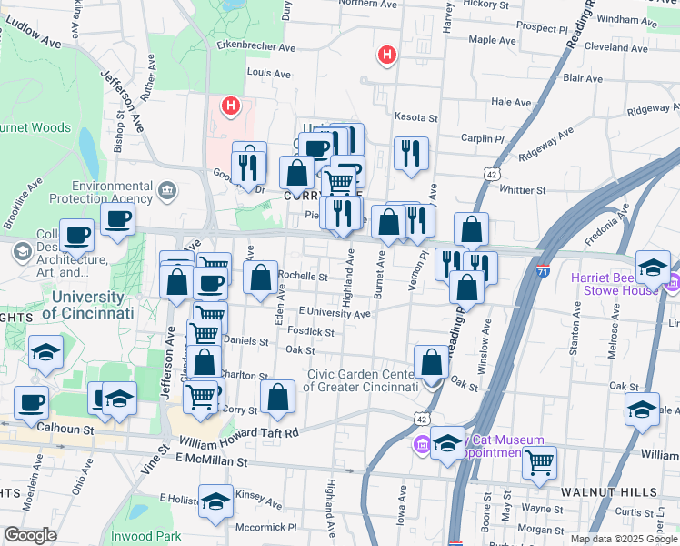 map of restaurants, bars, coffee shops, grocery stores, and more near in Cincinnati