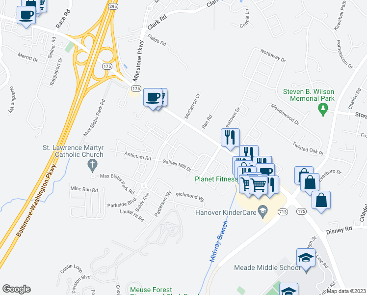 map of restaurants, bars, coffee shops, grocery stores, and more near 2725 Prospect Hill Drive in Hanover