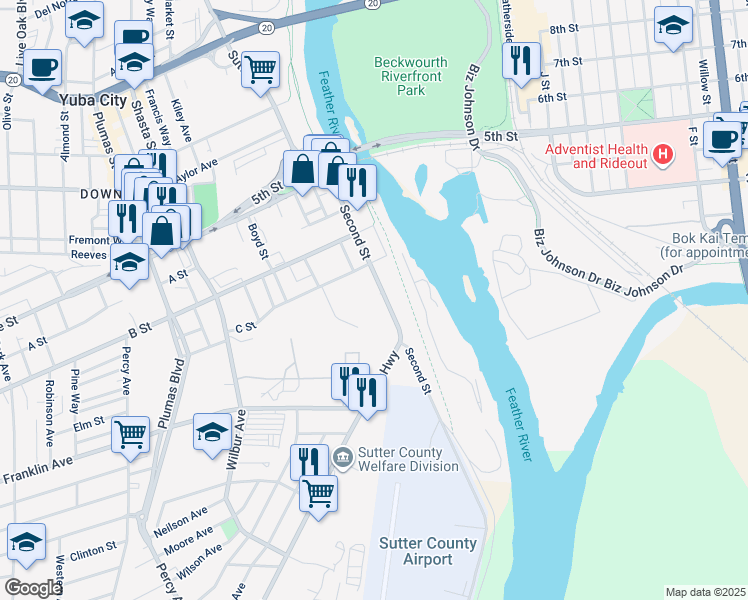 map of restaurants, bars, coffee shops, grocery stores, and more near 352 Second Street in Yuba City