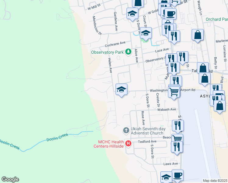map of restaurants, bars, coffee shops, grocery stores, and more near 135 Foothill Court in Ukiah