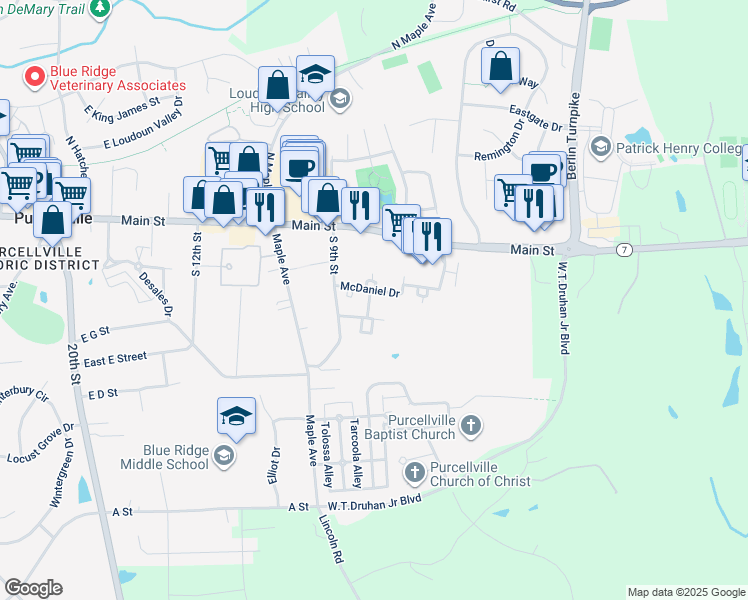 map of restaurants, bars, coffee shops, grocery stores, and more near 106 Frazer Drive in Purcellville
