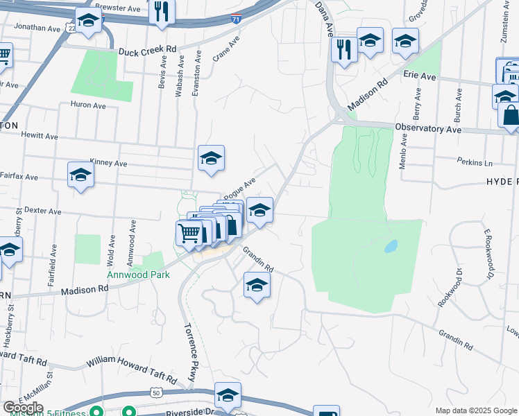 map of restaurants, bars, coffee shops, grocery stores, and more near 2150 Madison Road in Cincinnati