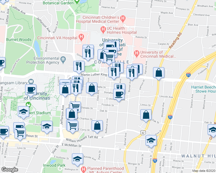 map of restaurants, bars, coffee shops, grocery stores, and more near 232 Donahue Street in Cincinnati