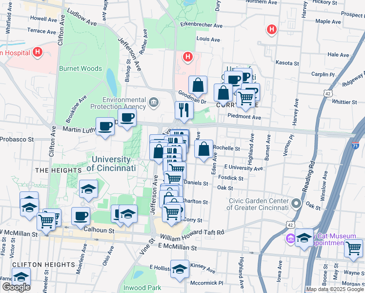 map of restaurants, bars, coffee shops, grocery stores, and more near 2919 Seminole Street in Cincinnati