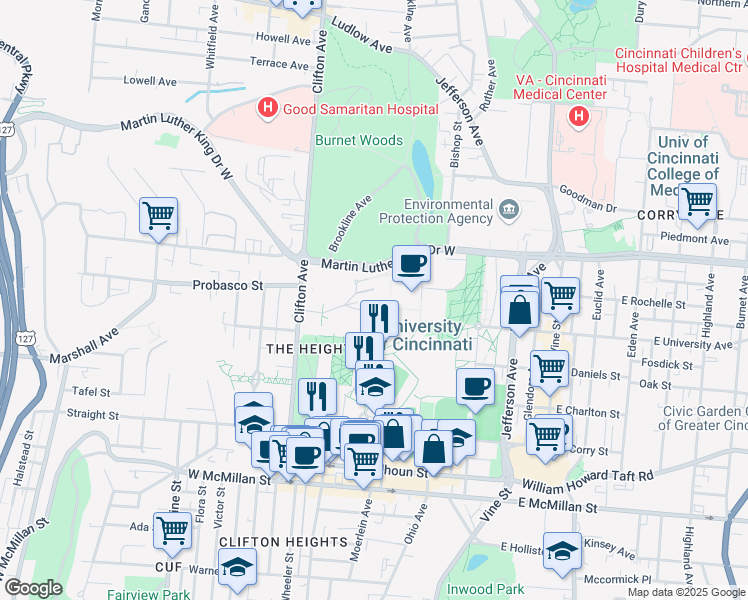 map of restaurants, bars, coffee shops, grocery stores, and more near in Cincinnati