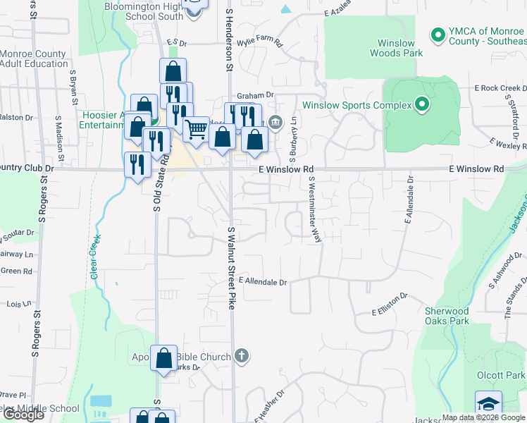 map of restaurants, bars, coffee shops, grocery stores, and more near 752 East Sherwood Hills Drive in Bloomington