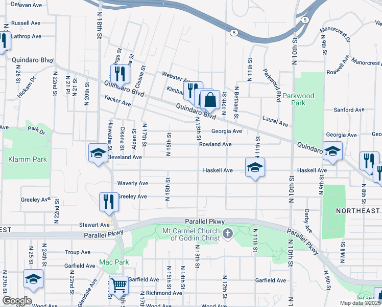 map of restaurants, bars, coffee shops, grocery stores, and more near 1319 Cleveland Avenue in Kansas City