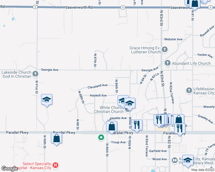 map of restaurants, bars, coffee shops, grocery stores, and more near 8616 Haskell Avenue in Kansas City