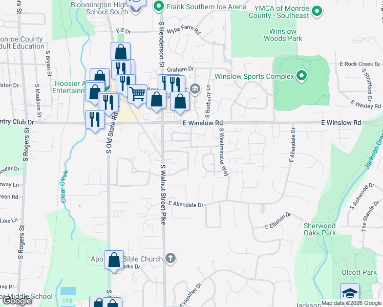 map of restaurants, bars, coffee shops, grocery stores, and more near 752 East Sherwood Hills Drive in Bloomington