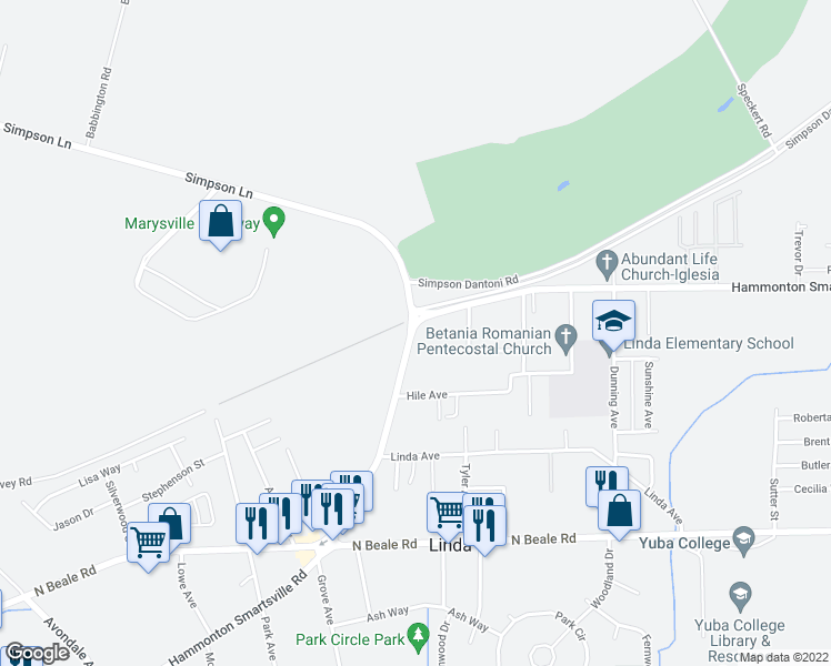 map of restaurants, bars, coffee shops, grocery stores, and more near 1804 Hammonton Smartsville Road in Linda