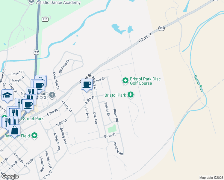 map of restaurants, bars, coffee shops, grocery stores, and more near 302 Robin Road in Waverly