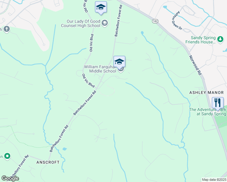 map of restaurants, bars, coffee shops, grocery stores, and more near 16915 Batchellors Forest Road in Olney