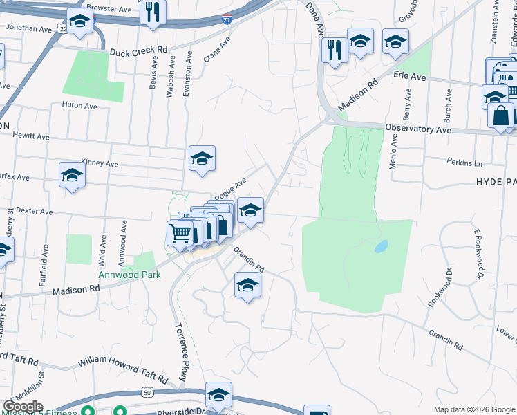 map of restaurants, bars, coffee shops, grocery stores, and more near 2200 Madison Road in Cincinnati