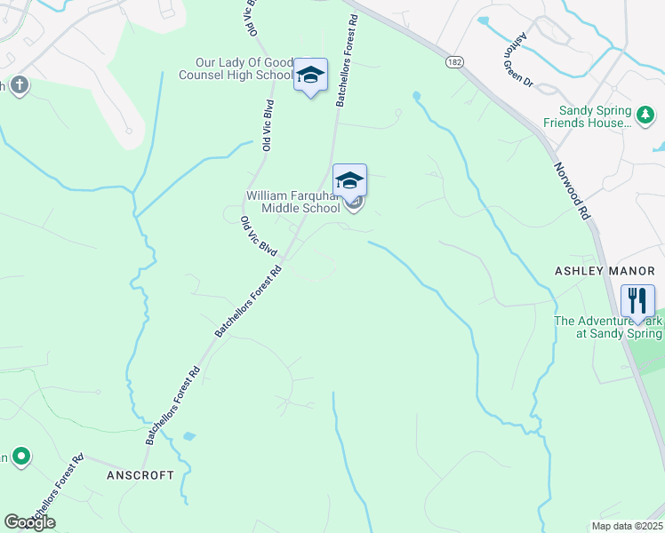 map of restaurants, bars, coffee shops, grocery stores, and more near 16915 Batchellors Forest Road in Olney