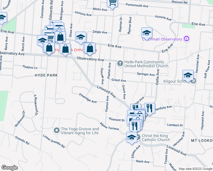 map of restaurants, bars, coffee shops, grocery stores, and more near 1213 Paxton Avenue in Cincinnati