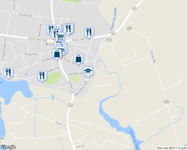 map of restaurants, bars, coffee shops, grocery stores, and more near 5651 Boundary Avenue in Rock Hall