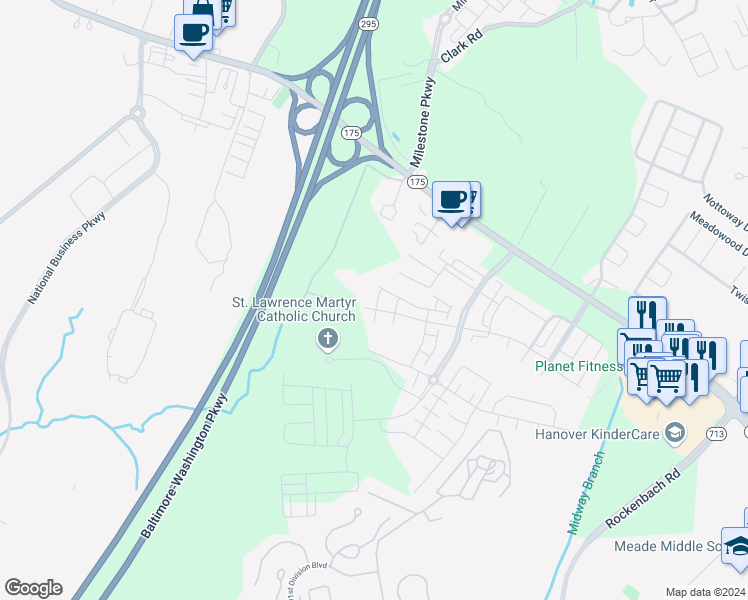 map of restaurants, bars, coffee shops, grocery stores, and more near 7912 North Gladden Farm Way in Hanover