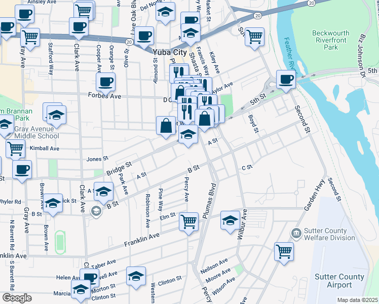 map of restaurants, bars, coffee shops, grocery stores, and more near 500 Bridge Street in Yuba City