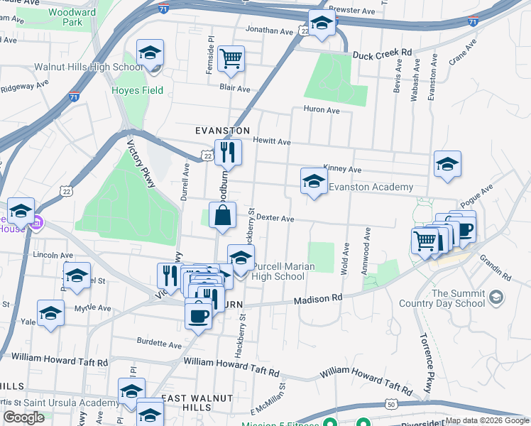 map of restaurants, bars, coffee shops, grocery stores, and more near 3052 Hackberry Street in Cincinnati