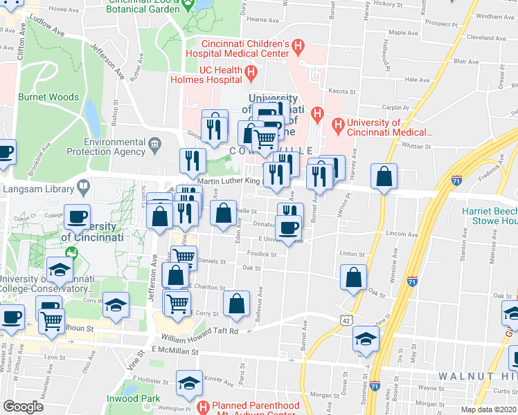 map of restaurants, bars, coffee shops, grocery stores, and more near 232 Donahue Street in Cincinnati