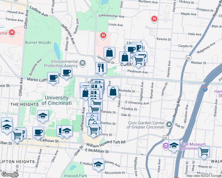map of restaurants, bars, coffee shops, grocery stores, and more near 2919 Vaughn Street in Cincinnati