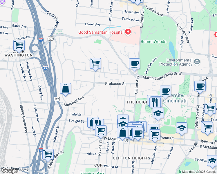 map of restaurants, bars, coffee shops, grocery stores, and more near 135 Probasco Street in Cincinnati