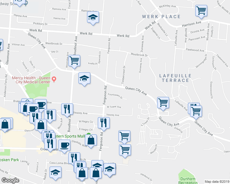 map of restaurants, bars, coffee shops, grocery stores, and more near 2963 Fourtowers Drive in Cincinnati