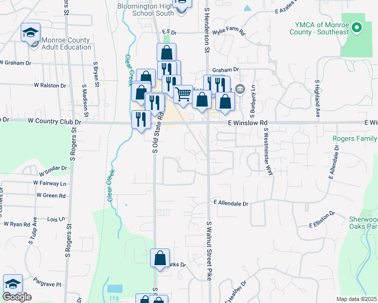 map of restaurants, bars, coffee shops, grocery stores, and more near 155 East Sunny Slopes Drive in Bloomington