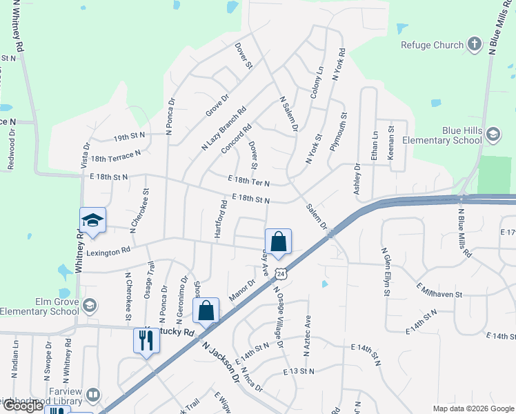 map of restaurants, bars, coffee shops, grocery stores, and more near 18912 East Lynchburg Place North in Independence