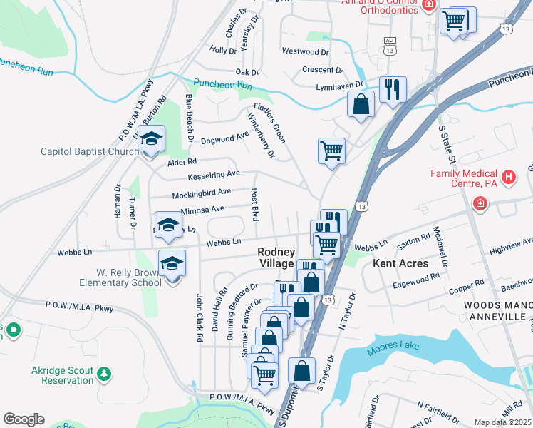 map of restaurants, bars, coffee shops, grocery stores, and more near 51 Webbs Lane in Dover