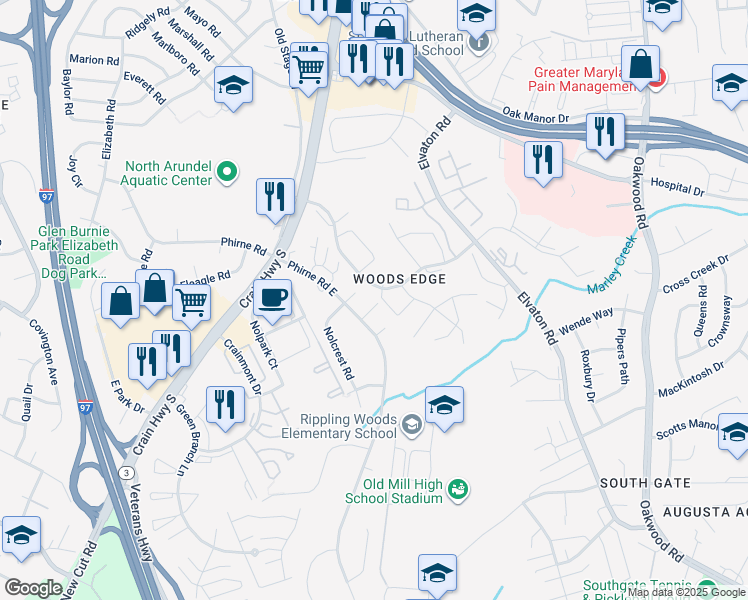 map of restaurants, bars, coffee shops, grocery stores, and more near 454 Nolheight Road in Glen Burnie