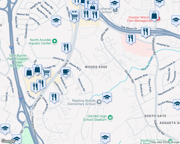 map of restaurants, bars, coffee shops, grocery stores, and more near 454 Nolheight Road in Glen Burnie
