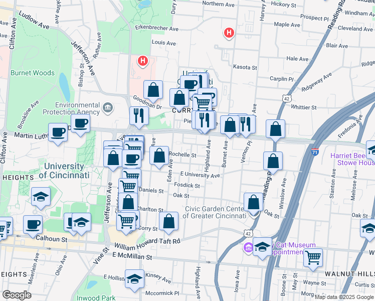 map of restaurants, bars, coffee shops, grocery stores, and more near 232 Donahue Street in Cincinnati
