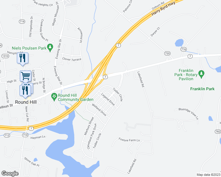 map of restaurants, bars, coffee shops, grocery stores, and more near 17481 Tedler Circle in Round Hill